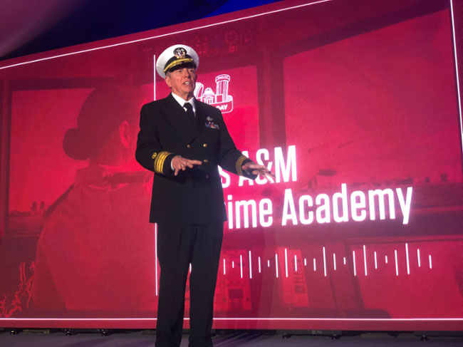 TAMUG COO & TAMMA Superintendent Col. Michael E. Fossum '80 presents at the Texas A&M Foundation's Exploration Day event 