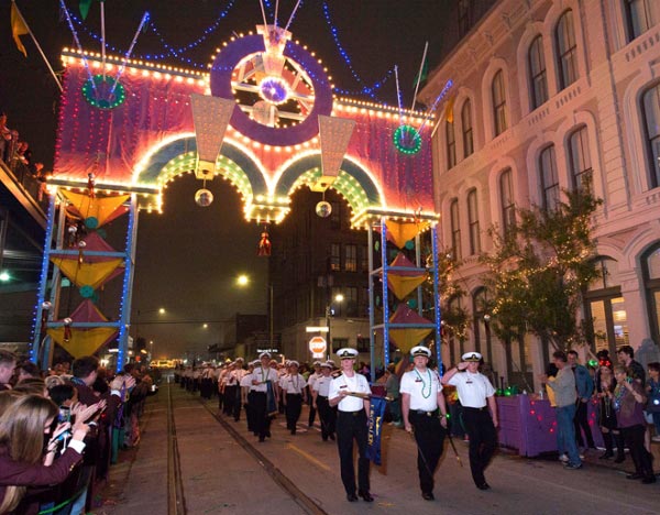 Texas A&M Maritime Academy cadets march in last year's Momus parade.